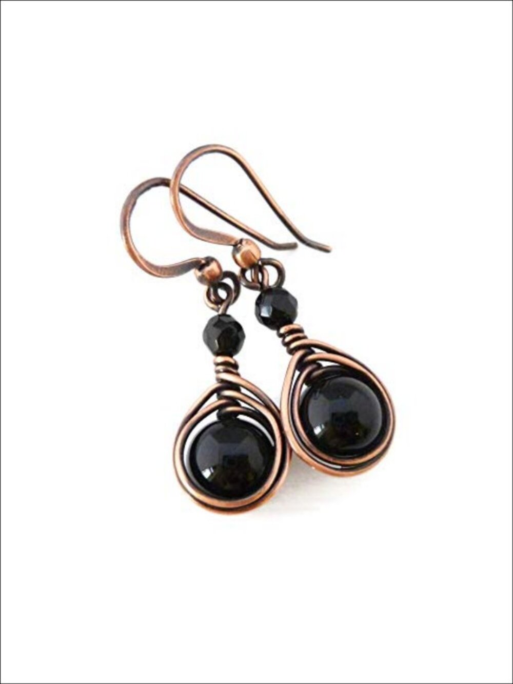Handcrafted Solid Copper Black Onyx Drop Earrings 1.5 Inch French Wire